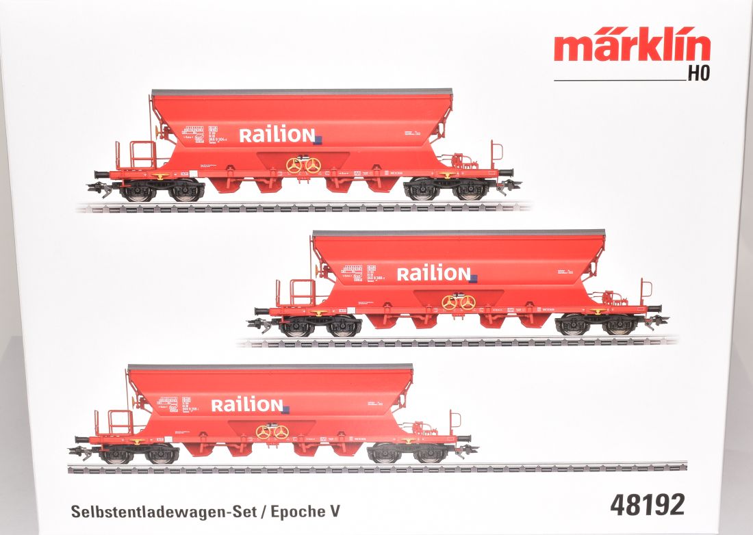 Artikel Bild: Märklin H0 48192 Selbstentladewagen Set 3tlg. Railion, rot je 4 Achsen Ep. V